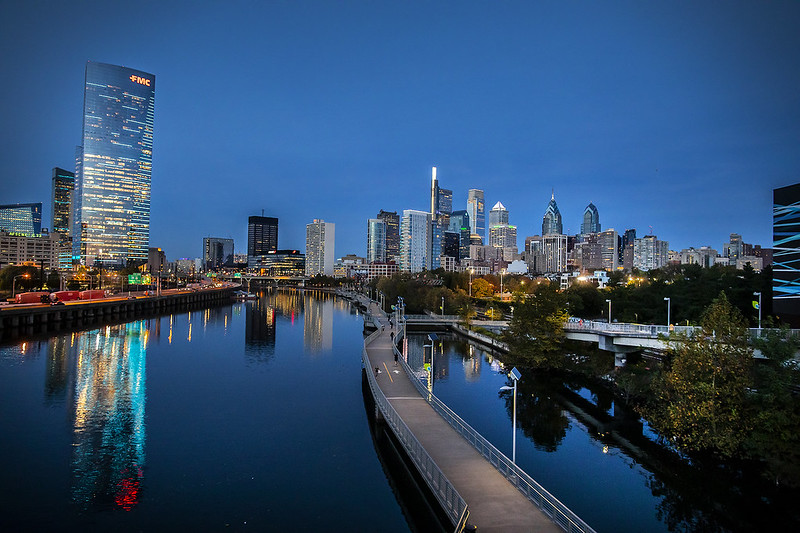 A photo of the Philadelphia skyline in the evening