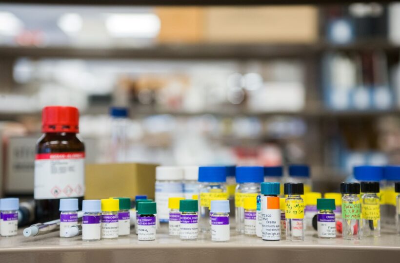 A display of chemicals used in a research laboratory