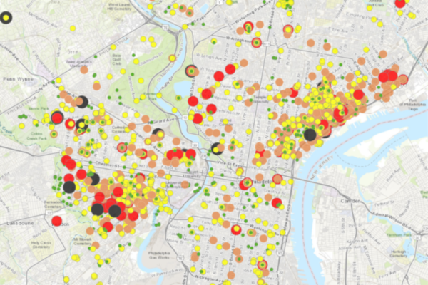 A map depicting soil samples collected in Philadelphia. Once mapped, the data helps to visualize soil lead at the neighborhood level.