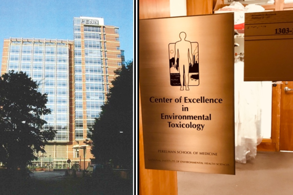 Exterior shot of the Biomedical Research Building where CEET is located and the CEET placard displayed on the 13th floor of the Biomedical Research Building